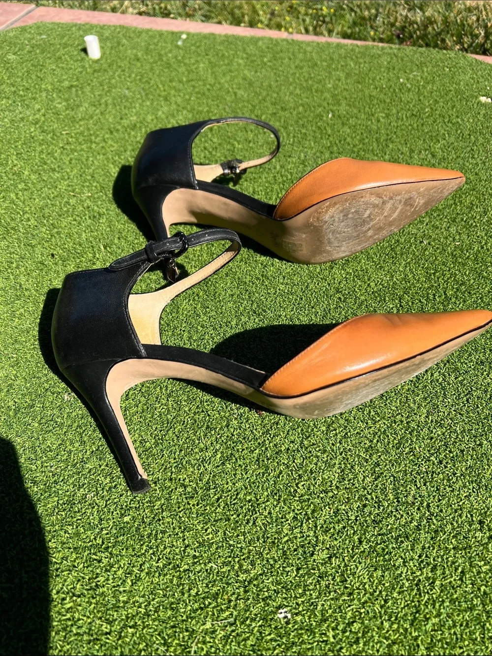 Coach Ankle-Strap Pointed-Toe Pumps in Cognac and Black